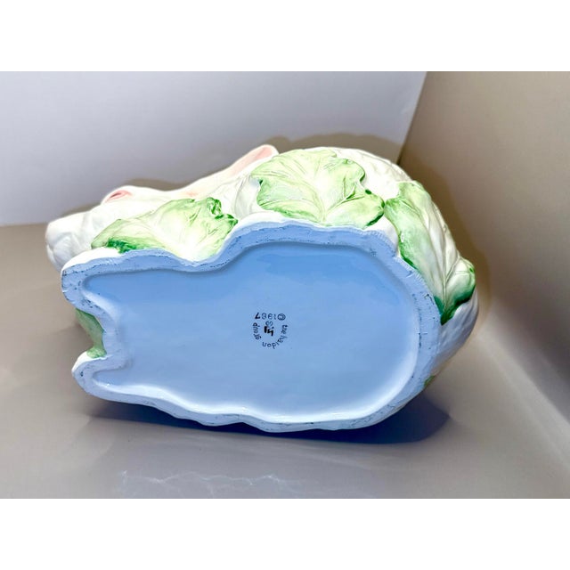 Ceramic Vintage Hand Painted Bunny Rabbit Planter in Cabbage Leaves For Sale - Image 7 of 12