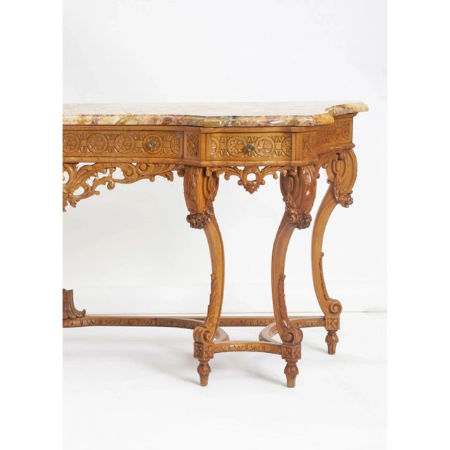 Antique English Hand-Carved Oak Wood Marble Top Continental Console Table For Sale In New York - Image 6 of 12