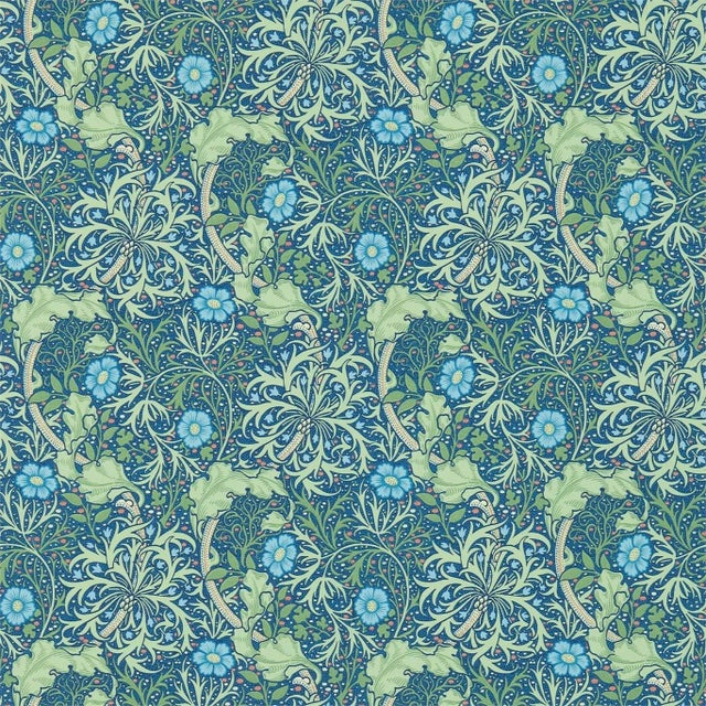 Morris & Co Morris Seaweed Wallpaper in Cobalt/Thyme - a Sample For Sale
