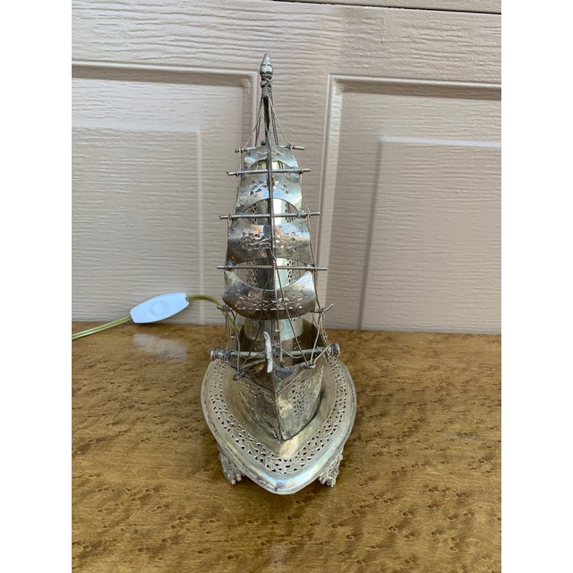 Metal Vintage German Silver Sailing Ship Nightlight | an English Coastal Curiosity For Sale - Image 7 of 11