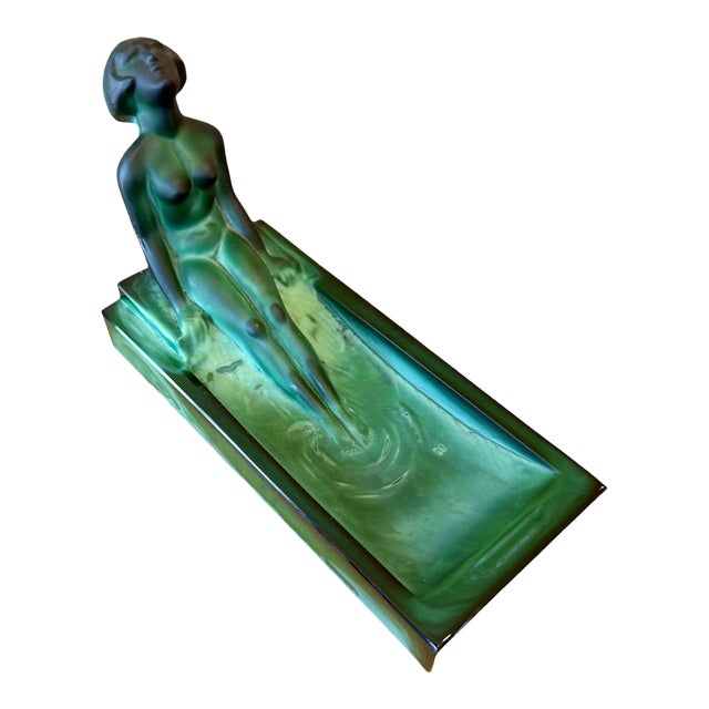 Art Deco Malachite Glass Nude Figural Ashtray For Sale
