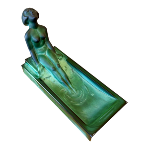 Art Deco Malachite Glass Nude Figural Ashtray
