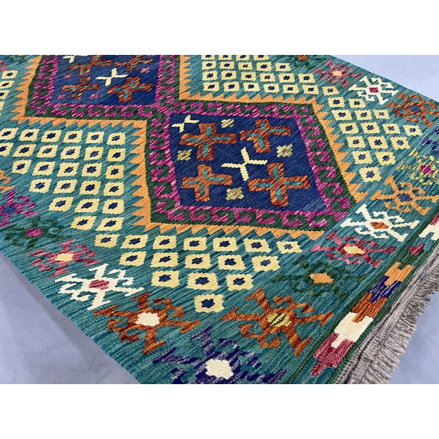 4'5" X 5'10" Green Afghan Chobi Kazak Geometric Wool Flatweave Kilim Rug For Sale - Image 15 of 16