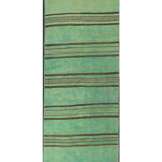 Green Vibrant Vintage Turkish Kilim Runner With Green and Brown Stripes 2'8 X 12'1 For Sale - Image 8 of 10