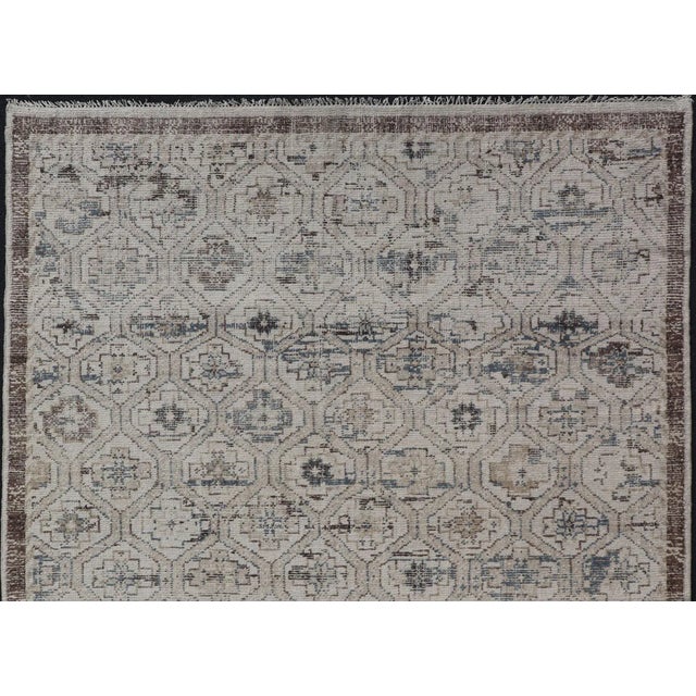Modern Hand-Knotted Oushak Distressed Rug With Sub-Geometric Design in Brown and Blue For Sale - Image 4 of 13