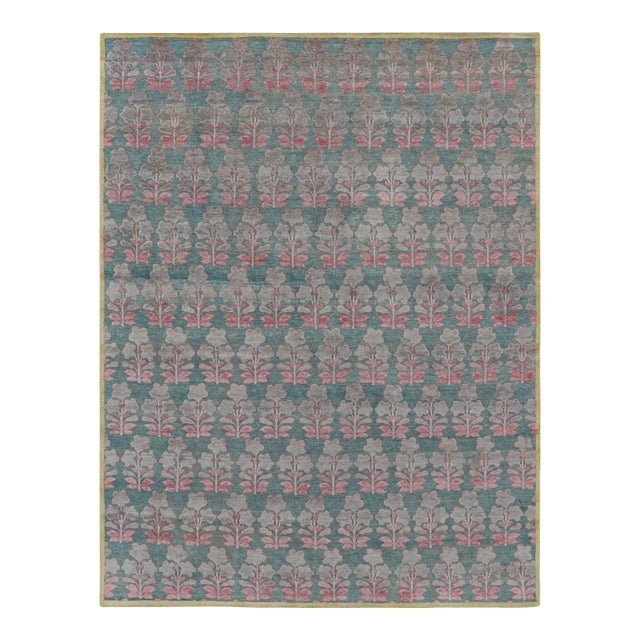 Rug & Kilim’s Block Print Rug Design with Pink and Green Floral Pattern - 9x12 For Sale
