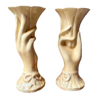 Vintage Shawnee Pottery Butter Yellow Victorian Hand Flower Bud Vases Stamped Usa - a Pair For Sale