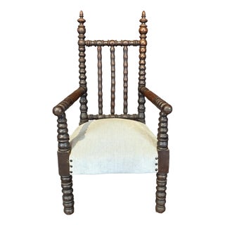 Antique Child’s Turned Wood Bobbin Spindle Armchair Nursery Chair With Finial Posts For Sale