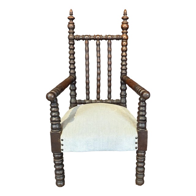 Antique Child’s Turned Wood Bobbin Spindle Armchair Nursery Chair With Finial Posts For Sale