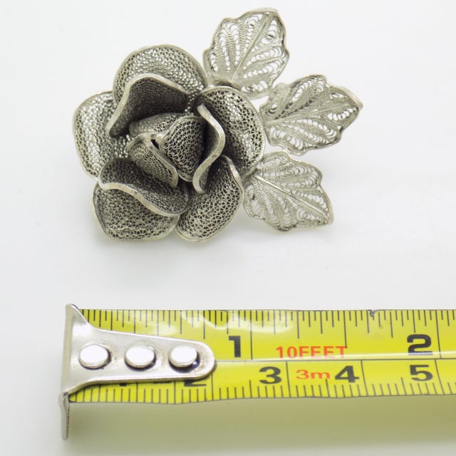 Vintage Italian Handmade Genuine Silver Filigree Rose Shaped Brooch, 1970s For Sale - Image 12 of 13