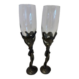 Late 20th Century Figural Nude Champagne Flutes – Sculptural Art Nouveau Style Gothic Metal Stem Goblets – Set of 2” For Sale