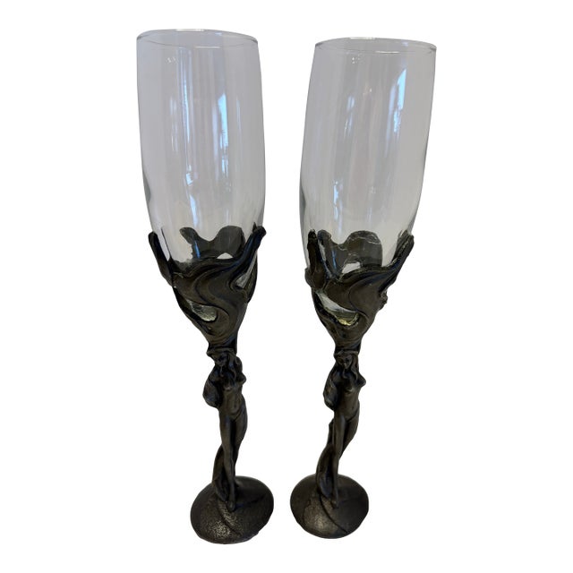 Late 20th Century Figural Nude Champagne Flutes – Sculptural Art Nouveau Style Gothic Metal Stem Goblets – Set of 2” For Sale