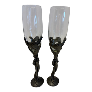 Late 20th Century Figural Nude Champagne Flutes – Sculptural Art Nouveau Style Gothic Metal Stem Goblets – Set of 2”