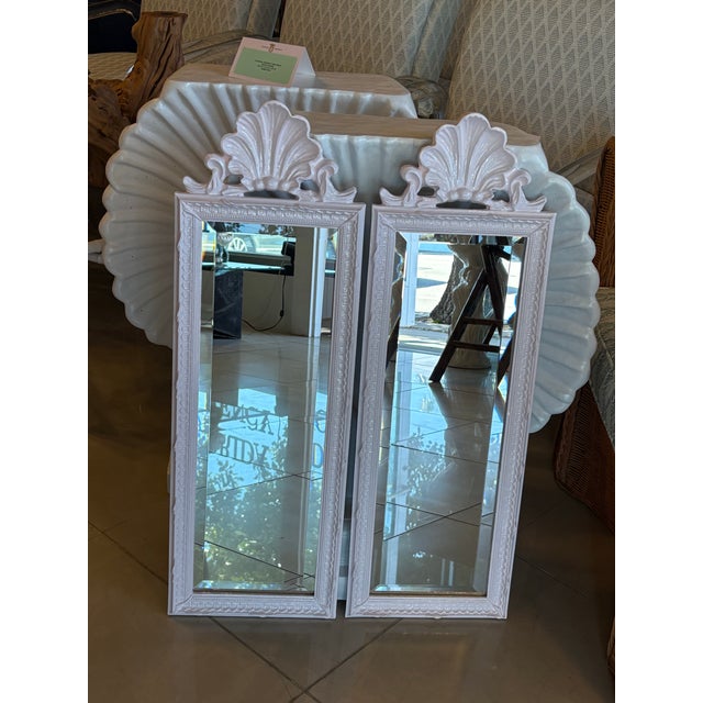 Vintage Pair Light Pink Lacquered Palm Beach Scalloped Shell Wall Mirrors For Sale - Image 4 of 12