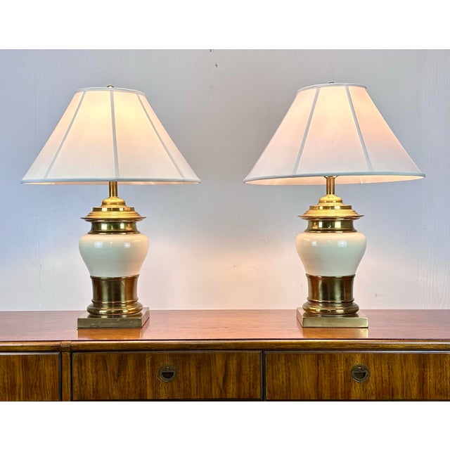 Mid 20th Century Mid 20th Century Chinoiserie Cream Ceramic & Brass Table Lamps For Sale - Image 5 of 12