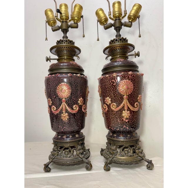 19th Century Rare Pair Antique 19th Century Hinks & Son Duplex Electrified Porcelain Bronze Oil Lamp For Sale - Image 5 of 15