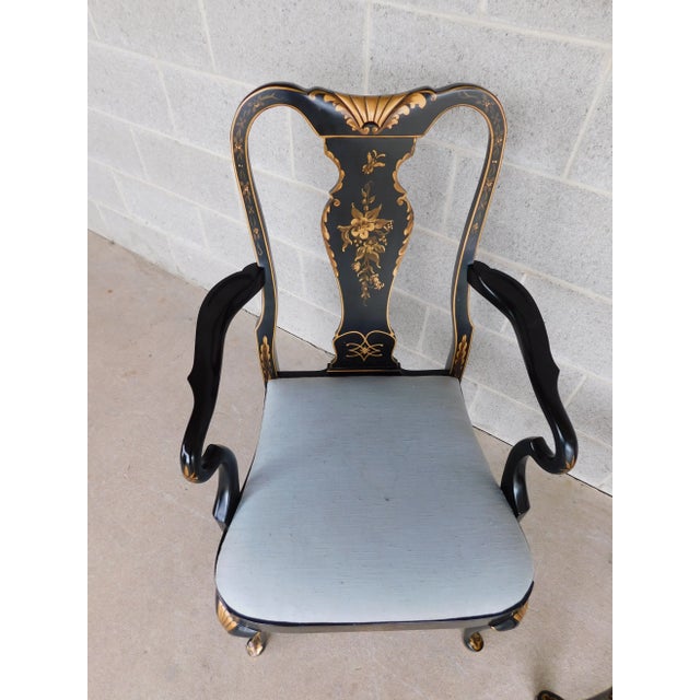 Vintage Georgian Style Chinoiserie Decorated Black Lacquer Arm Chairs - A Pair For Sale - Image 14 of 18