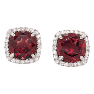 4.5cts Garnet Stud Earrings With Natural Diamond Halo: Solid 14k White Gold, 8mm For Sale
