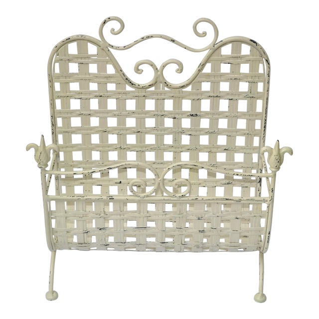 1970s Wrought Iron & Handwoven Iron Magazine Stand Champagne Shabby Chic Finish For Sale