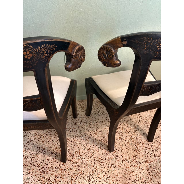 Late 20th Century Pair of Anglo-Indian Style Ebonized & Gilt Ram's Head Klismos Chairs With Floral Penwork For Sale - Image 4 of 7