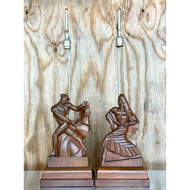Mid 20th Century Vintage Mid-Century Heifetz Hand-Carved Dancer Table Lamps – A Pair For Sale - Image 5 of 12