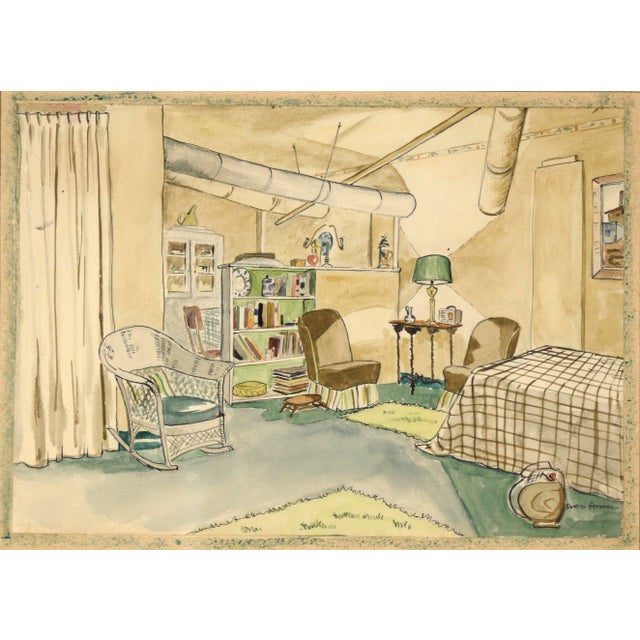 Apartment Interior #2 - Watercolor and Pen on Paper Detailed interior scene by Doris Lyons Hoover (American, 1927-2014)....