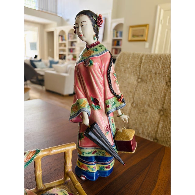 Vintage Chinese Famille Rose Porcelain Court Lady Figurines, Zuichun Pottery – Pair For Sale - Image 4 of 13