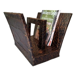Hammered Black and Copper Colored Metal Brutalist Magazine or Record Rack For Sale