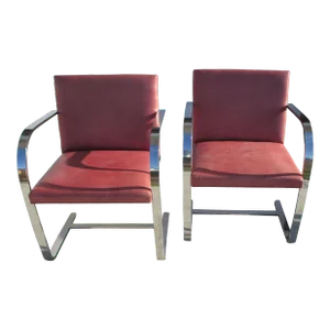 Late 20th Century Mid Century Knoll Mies Van Der Rohe Brno Stainless Steel Flat Bar Chairs- a Pair