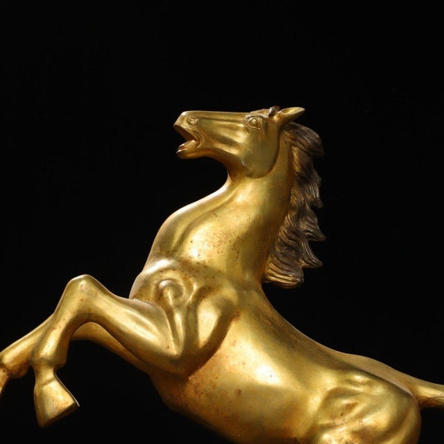 Large Vintage Gilt Brass Galloping Horse Sculpture - Feng Shui "Success" Statue on Base For Sale In Los Angeles - Image 6 of 9
