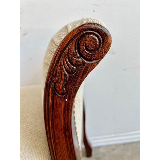 Textile French Provincial Bench, Mahogany & Linen, Brass Nailheads, 1940s For Sale - Image 7 of 11