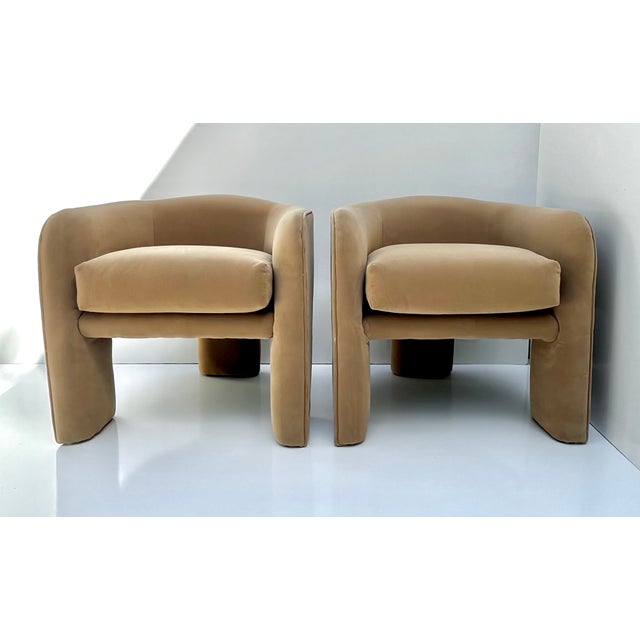 Vintage Low Back Barrel Club Chair in Camel Velvet - Set of 2 For Sale - Image 4 of 10