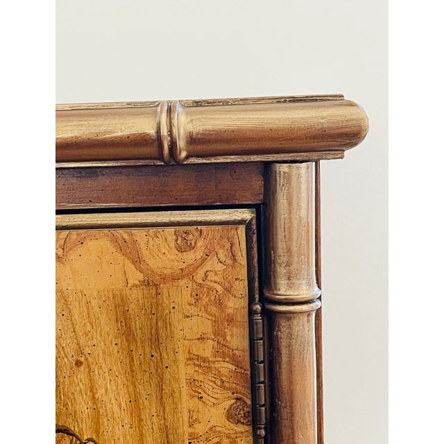 20 th c Drexel wood faux bamboo Chinoiserie style with picturesque inlay on both sides sides, commode. Beautiful wood,...