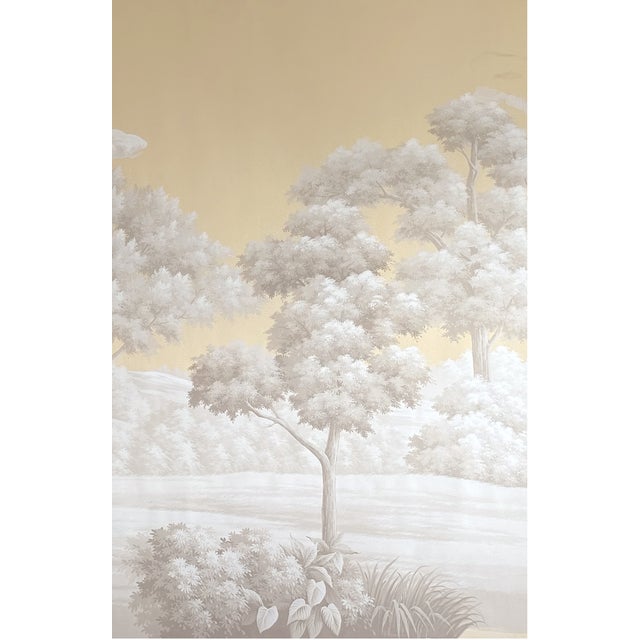 36" * H96" * 3ps,‌ Hand-Painted Retro Warm Gold Wilderness Landscape Wall Mural, Vintage Chinoiserie Monochrome Golden Tone Landscape Wall Cloth For Sale - Image 6 of 6