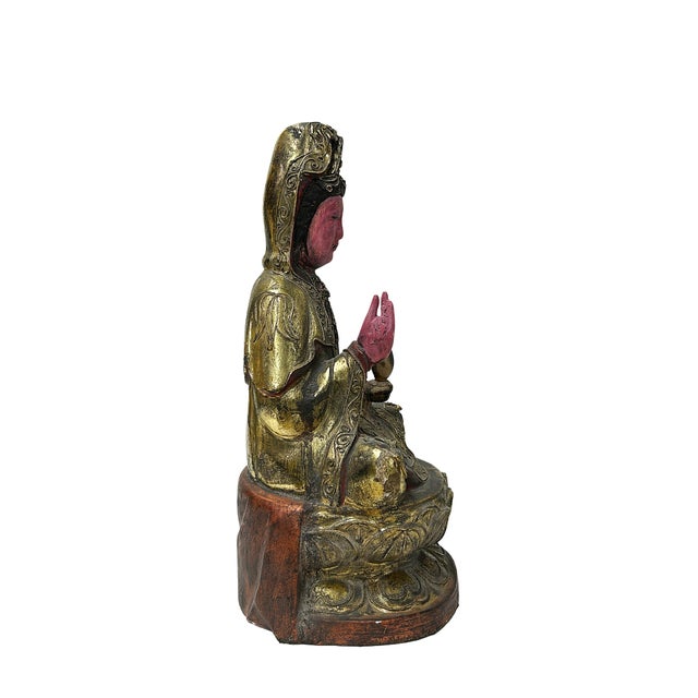 Vintage Chinese Pink Face Holy Bottle Lotus Base Wood Kwan Yin Bodhisattva Statue For Sale In San Francisco - Image 6 of 9
