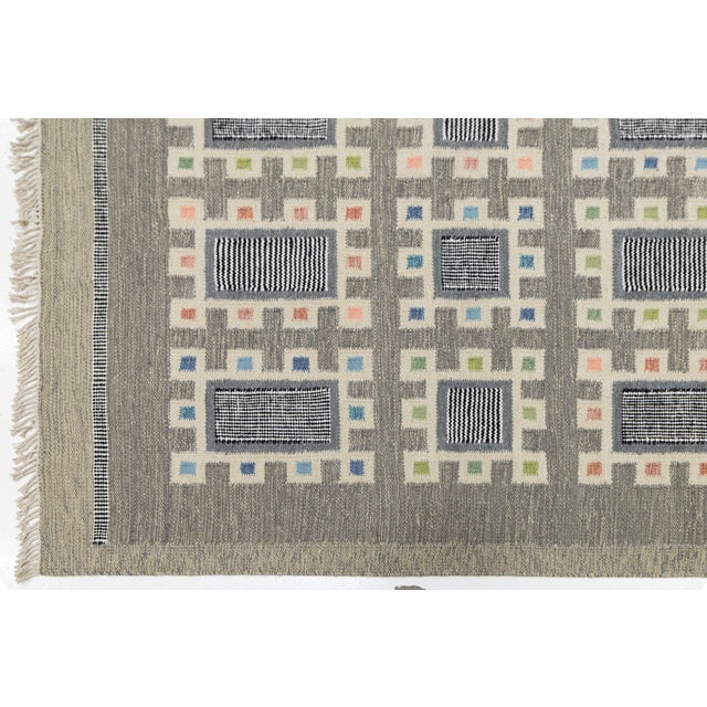 Sky Blue Contemporary Swedish Geometric Wool Flatweave Rug Architectural Nordic Design For Sale - Image 8 of 11