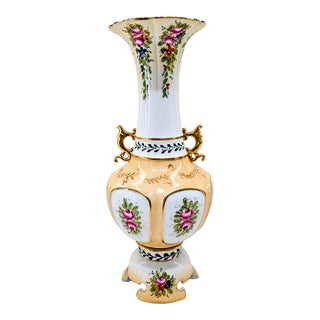 Richard Klemm Dresden Antique Hand-Painted Floral Porcelain Vase With Gold Gilt Handles, Germany For Sale