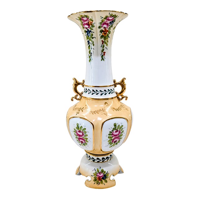 Richard Klemm Dresden Antique Hand-Painted Floral Porcelain Vase With Gold Gilt Handles, Germany For Sale