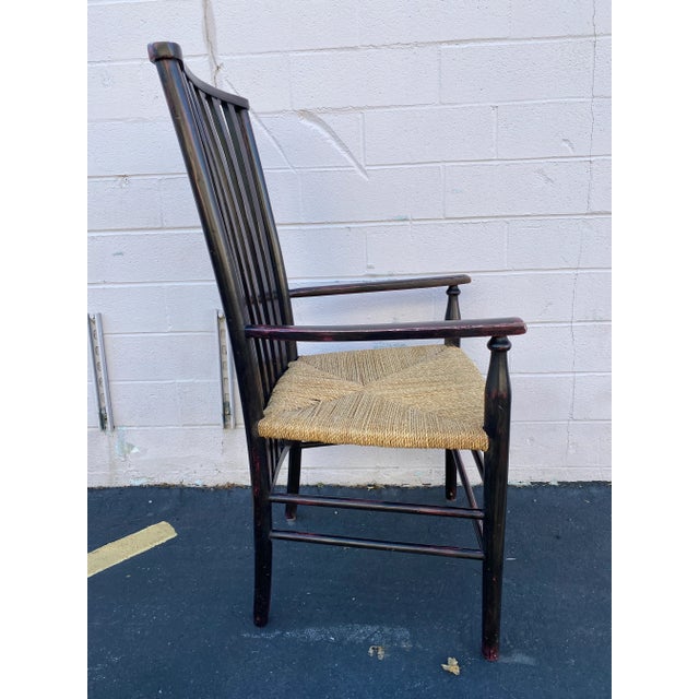 Set of 8 Elegant Dining Chairs: Tall Back Dessin Fournir Slat Back Black Hand Rubbed Ebonized Wood With Rush Seats. Set of 8 For Sale - Image 10 of 12