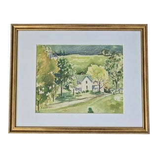 Vintage Original Farmhouse Countryside Landscape Watercolor Painting Signed For Sale
