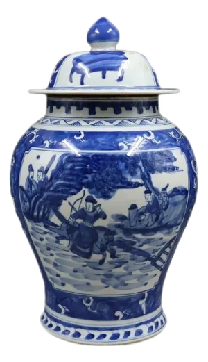 Antique Chinese Ceramic Pot Qing Dynasty Kangxi Marked Blue and White Porcelain Ginger Jar Hand Painted Warrior Pattern