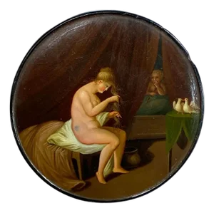 German Stobwasser-Type Lacquered and Painted Papier-Mache Snuff Box, Seated Lady