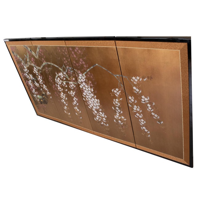 Elegant Japanese painted 4-panel Japanese byobu (folding screen) depicts a Blossoming Sakura (Cherry Tree) on gold...