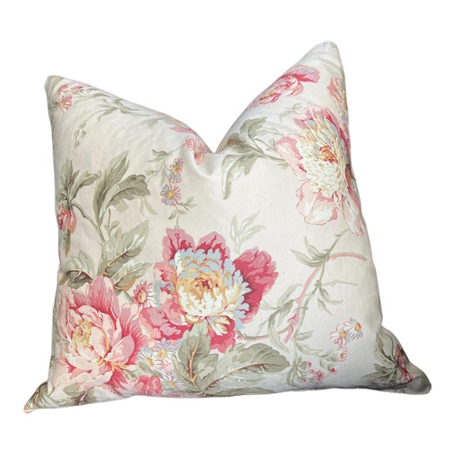 Vintage Handmade Waverly's "Forever Yours Peony" Fabric Down Throw Pillow For Sale