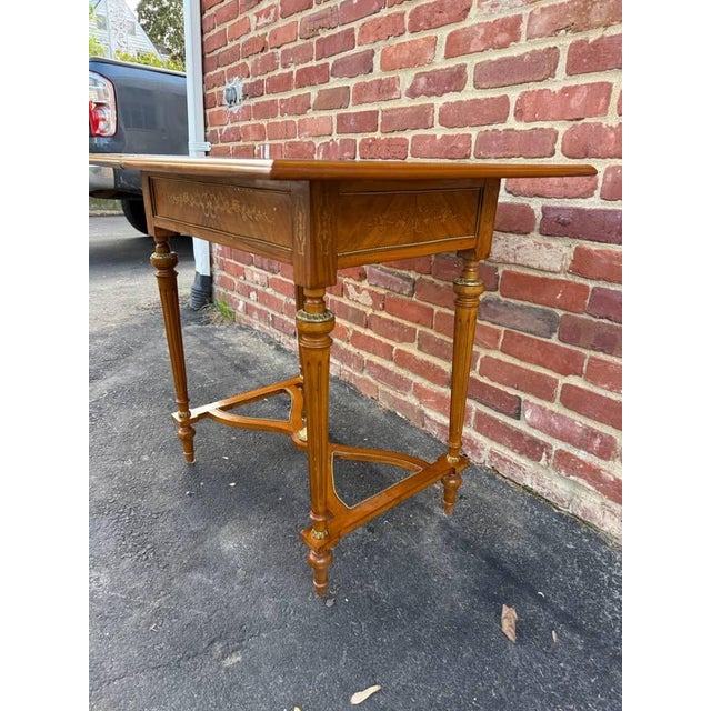Vintage Louis XvI Style Marquetry Stretcher Base Brass Mounted Floral Inlaid Card Table For Sale - Image 10 of 16