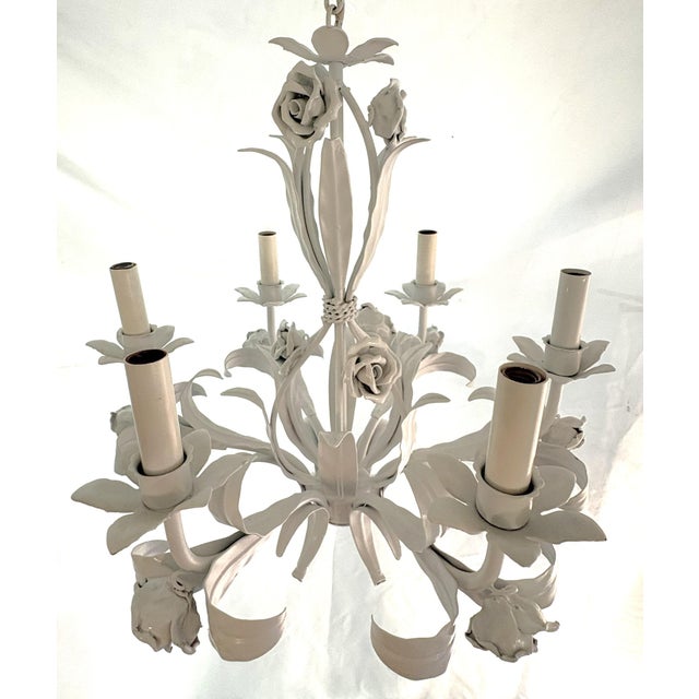Vintage Tole 6-Light Chandelier With Rose Details For Sale - Image 4 of 18
