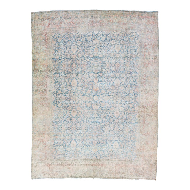 1960s Vintage Kerman Shabby Chic Navy Blue Handmade Floral Wool Rug For Sale