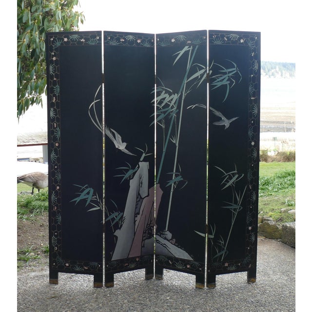 Vintage Matte Black Lacquer Asian Four Panel Folding Screen Chinoiserie Room Divider For Sale In Seattle - Image 6 of 13