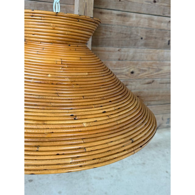 Contemporary Vintage Italian Pencil-Reed Rattan and Bamboo "Witch Hat" Pendant Light For Sale - Image 3 of 12