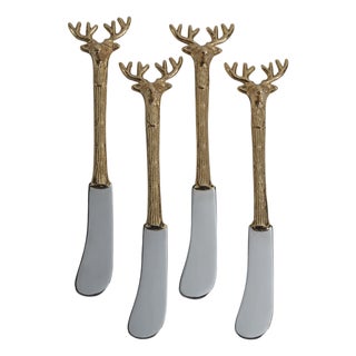 Stag's Head Butter Knives - Set of 4 - Champagne Handle with Polished Head For Sale